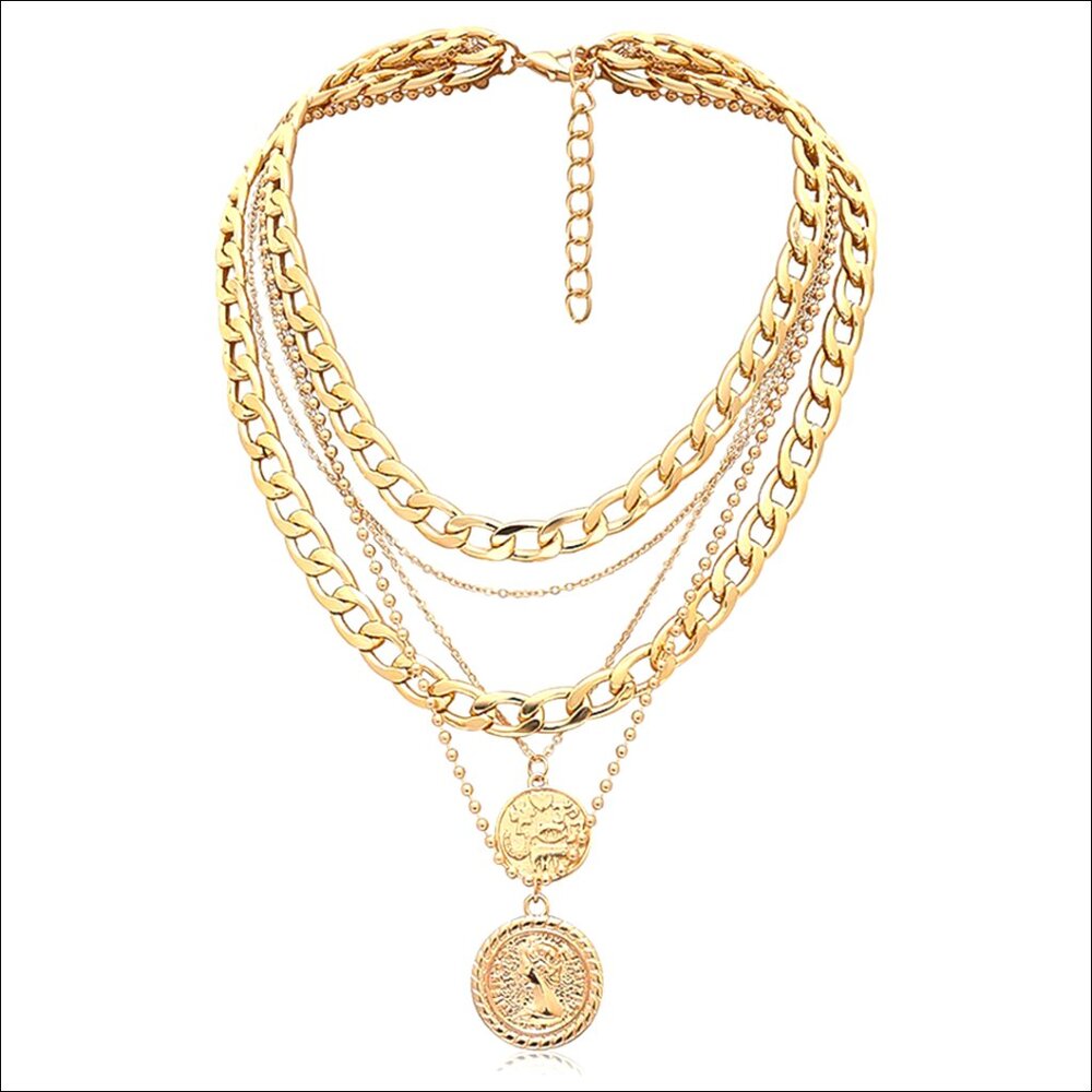 Layered Chain Necklace Set with Coin Pendant, Adjustable 18.5 Inches